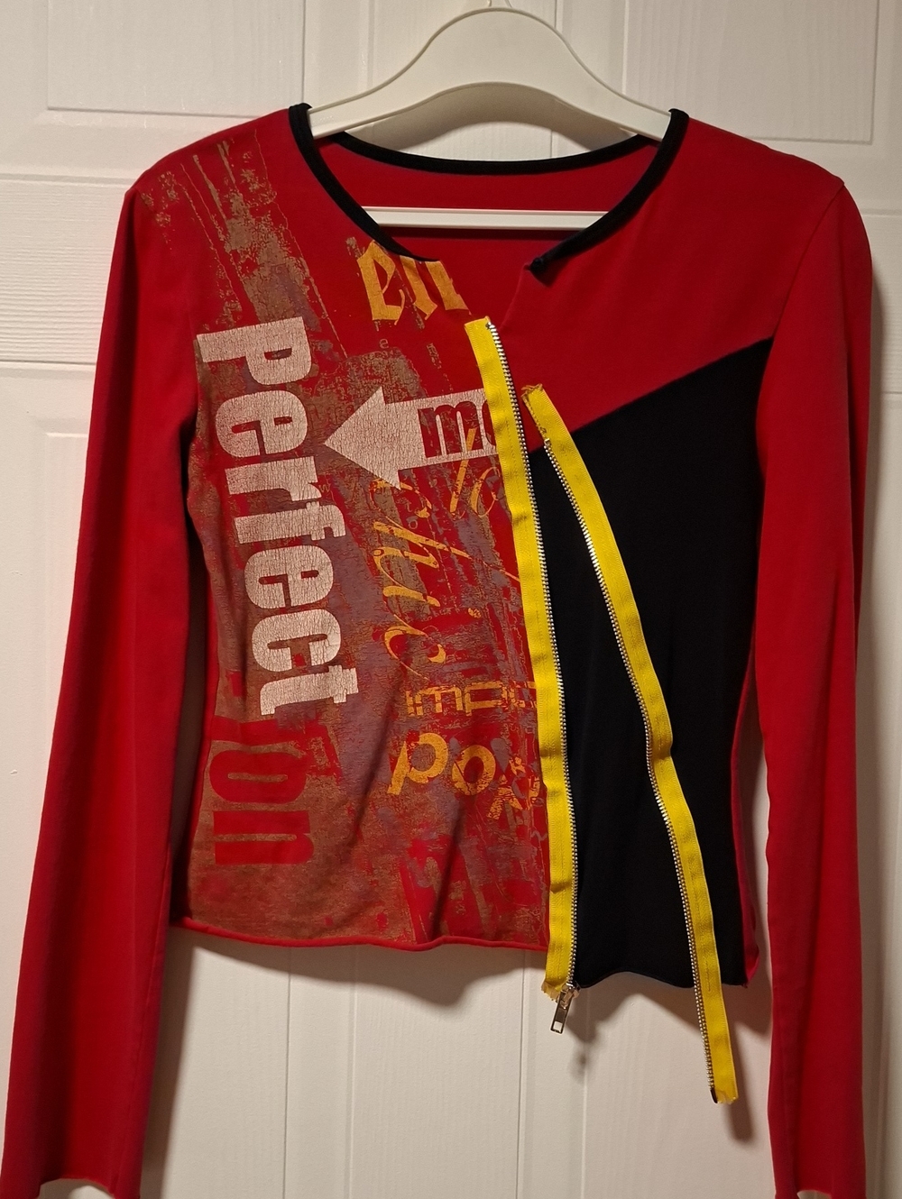 Red Graphic Long-Sleeve Top with Yellow Zip Accent